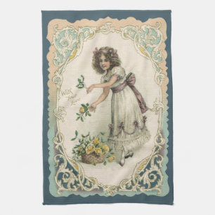 Vintage Valentine's Day, Victorian Girl with Roses Tea Towel