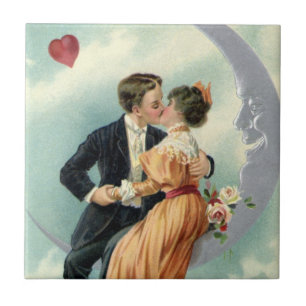 Vintage Valentine's Day Victorian Kiss on the Moon Ceramic Tile