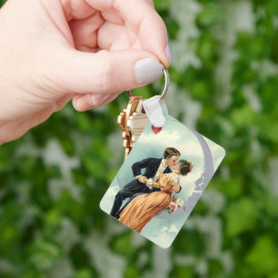Vintage Valentine's Day Victorian Kiss on the Moon Key Ring