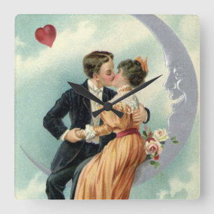 Vintage Valentine's Day Victorian Kiss on the Moon Square Wall Clock
