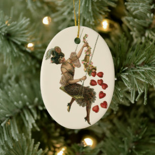 Vintage Valentine's Day, Victorian Lady on a Swing Ceramic Ornament