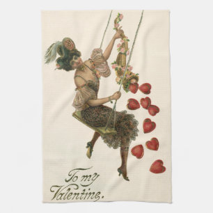 Vintage Valentine's Day, Victorian Lady on a Swing Tea Towel