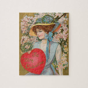 Vintage Valentines Day, Victorian Lady with Heart Jigsaw Puzzle