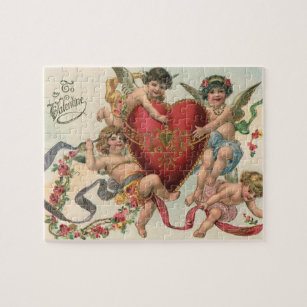 Vintage Valentines, Victorian Angels Cherubs Heart Jigsaw Puzzle
