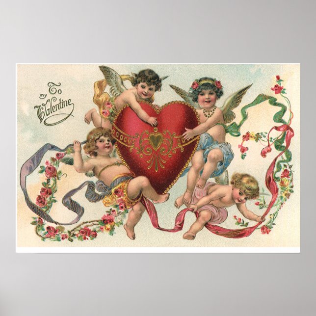 Vintage Valentines, Victorian Angels Cherubs Heart Poster (Front)