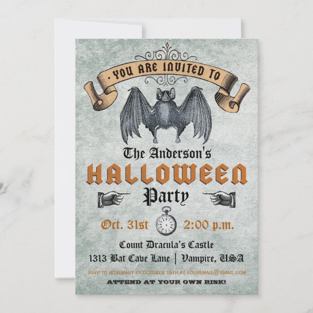 Vintage Vampire Bat Halloween Invitation (Front)