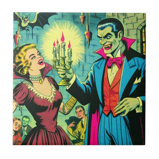 Vintage Vampire Horror Comics Ceramic Tile (Front)