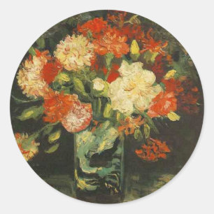 Vintage Van Gogh Flowers Red Vase with Carnations Classic Round Sticker
