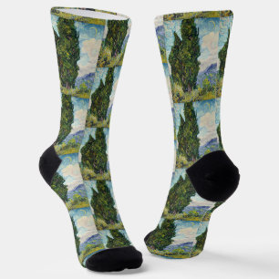 Vintage Van Gogh Green Cypress Trees Painting Socks