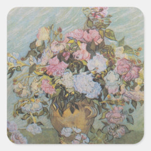 Vintage Van Gogh Vase with Pink Roses Square Sticker