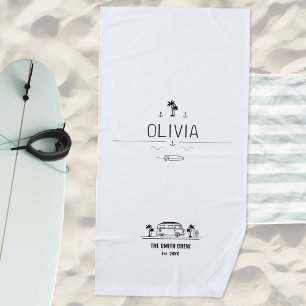 Vintage Van Life Black and White Classic Surfer Beach Towel