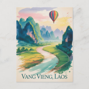 Vintage Vang Vieng Laos Travel watercolor Postcard