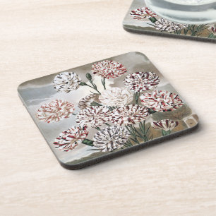 Vintage Variegated Carnation Flowers with Grey Sky Coaster
