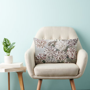 Vintage Variegated Carnation Flowers with Grey Sky Lumbar Cushion