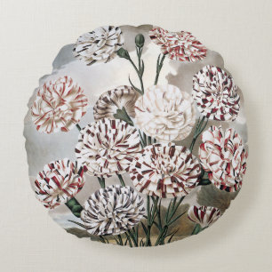 Vintage Variegated Carnation Flowers with Grey Sky Round Cushion