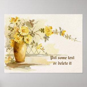 Vintage vase with yellow roses watercolor print