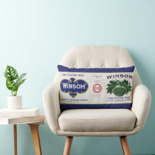 Vintage Vegetable Can Label Art, Winsom Peas Lumbar Cushion