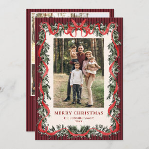 Vintage Velvet Christmas Red Bow Coquette 5 Photo Holiday Card