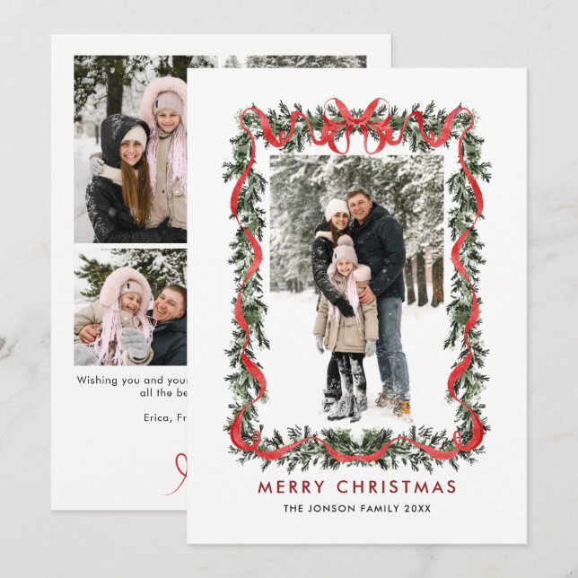 Vintage Velvet Green Stripped Red Bow 5 Photo Holiday Card (Front/Back)