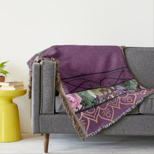 Vintage Velvet Victorian Purple Floral Tapestry Throw Blanket