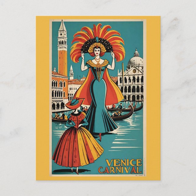Vintage Venice Italy Gondola Canal Carnival Travel Postcard (Front)