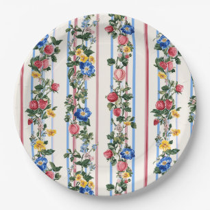 Vintage Vertical Strawberry Floral Stripe Pattern Paper Plate