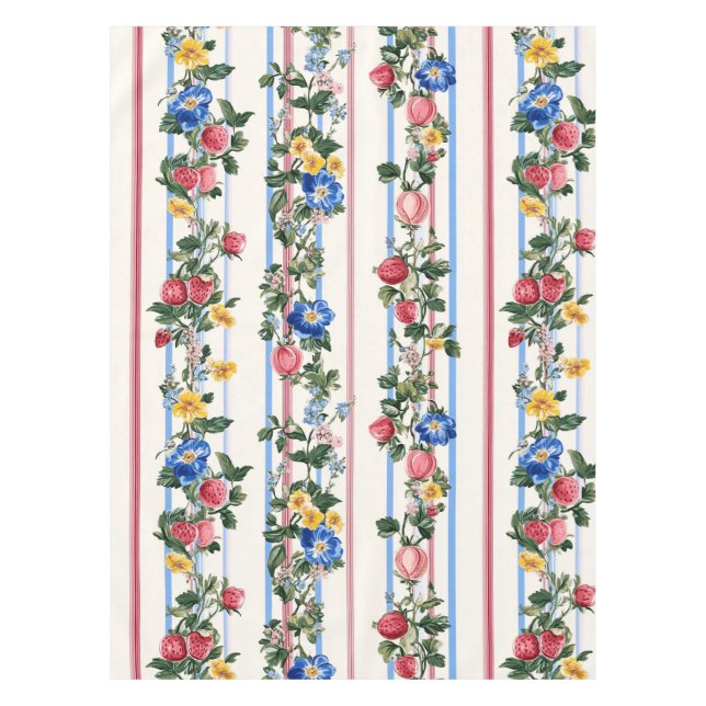 Vintage Vertical Strawberry Floral Stripe Pattern Tablecloth (Front)