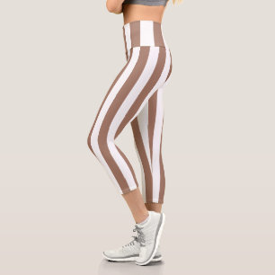 Vintage Vertical Stripes Mocha Mousse White Capri Leggings