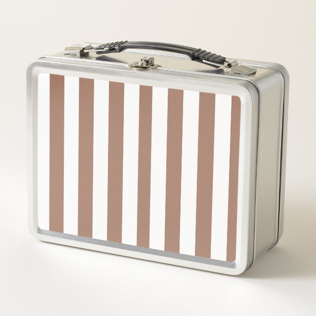 Vintage Vertical Stripes Mocha Mousse White Metal Lunch Box (Front)