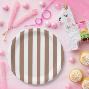 Vintage Vertical Stripes Mocha Mousse White Paper Plate