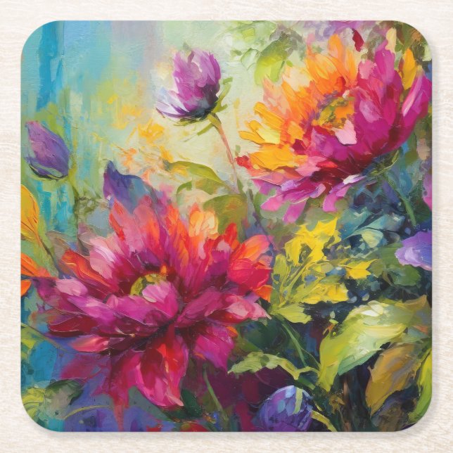 Vintage Vibrant Floral Painting Square Paper Coaster (Front)