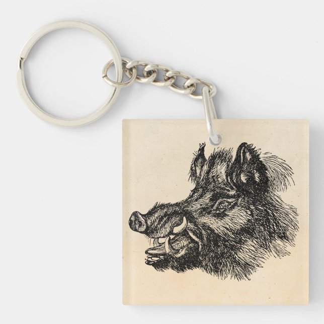 Vintage Vicious Wild Boar w Tusks Template Key Ring (Front)