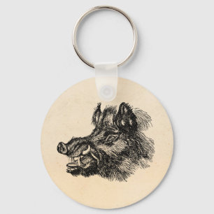 Vintage Vicious Wild Boar w Tusks Template Key Ring