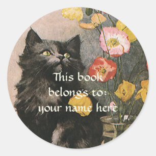 Vintage Victorian Animal Cute Cat Kitten Bookplate Classic Round Sticker