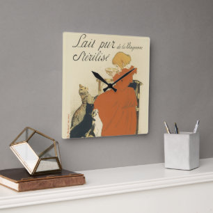 Vintage Victorian Art Nouveau, Girl with Milk Cats Square Wall Clock