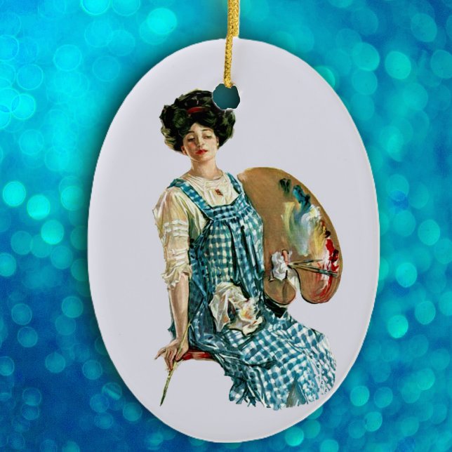 Vintage Victorian Artist Lady Painter Palette Ceramic Ornament (Lady Victorian era artist holding palette with paints in blue plaid smock on blue oval ornament.)