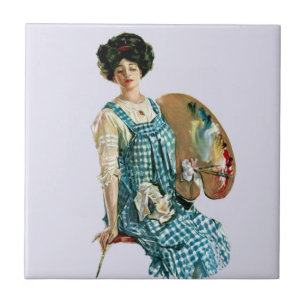 Vintage Victorian Artist Lady Painter Palette Ceramic Tile