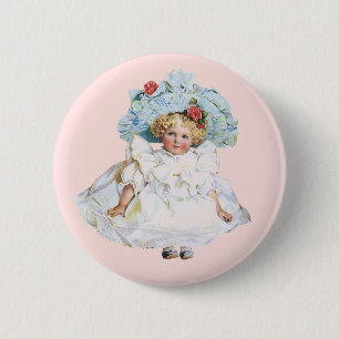 Vintage Victorian Baby Girl Doll, Easter Dress Hat 6 Cm Round Badge