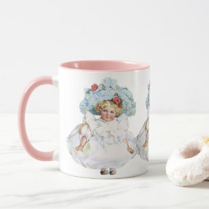 Vintage Victorian Baby Girl Doll, Easter Dress Hat Mug
