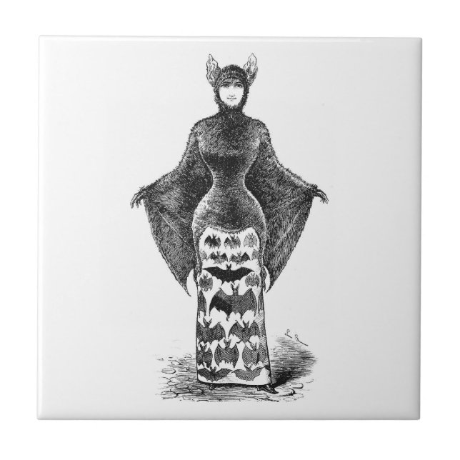 Vintage victorian bat woman ceramic tile (Front)