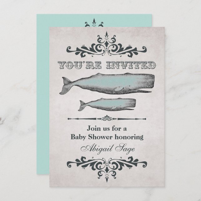 Vintage Victorian Beach Whale Baby Shower Invite (Front/Back)