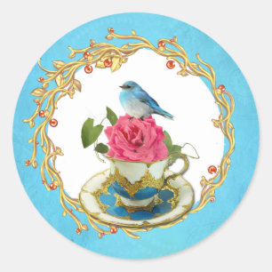 Vintage Victorian Birds Pink  Roses Tea cup Flame Classic Round Sticker