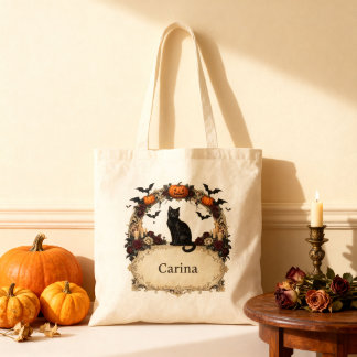 Vintage Victorian Black Cat Gothic Halloween Name Tote Bag