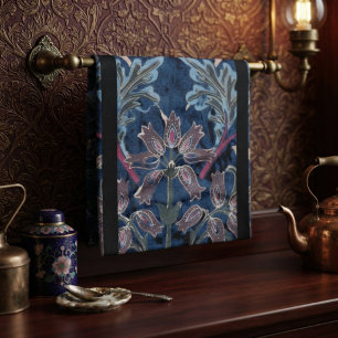 Vintage Victorian Blue Velvet Floral  Tea Towel