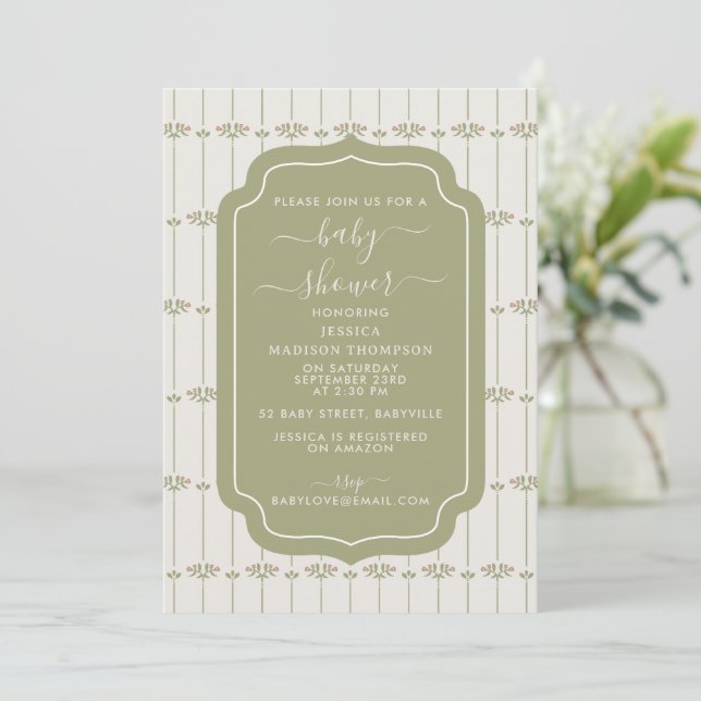 Vintage Victorian Botanical Stripes Baby Shower Invitation (Standing Front)