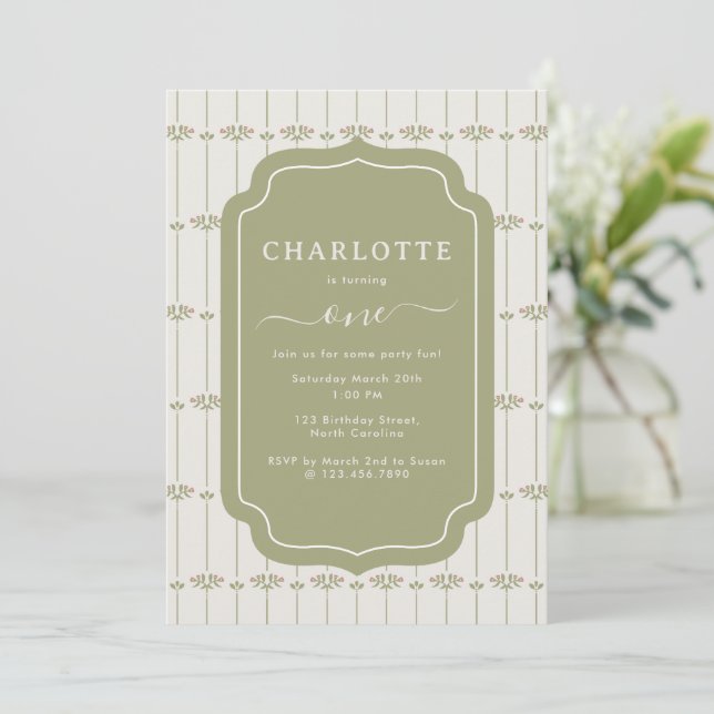 Vintage Victorian Botanical Stripes Birthday Invitation (Standing Front)