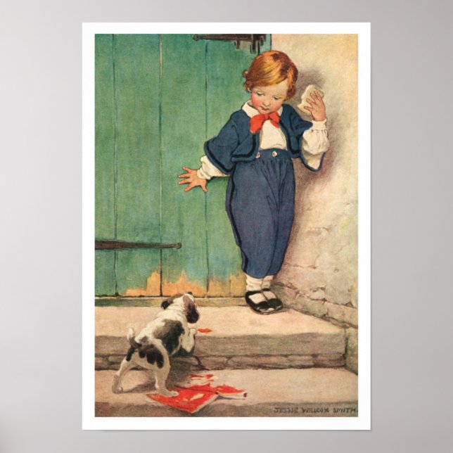 Vintage Victorian Boy, Puppy Art Print Poster (Front)