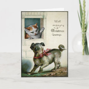 Vintage Victorian Cat and Dog Christmas Card
