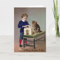 Vintage Victorian Cat Art Christmas Card