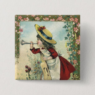 Vintage Victorian Child, Girl Blowing Bugle Meadow 15 Cm Square Badge